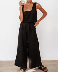 Two Piece Outfits Lounge Sleeveless Square Collar Crop Tops Wide Leg Pants Sets