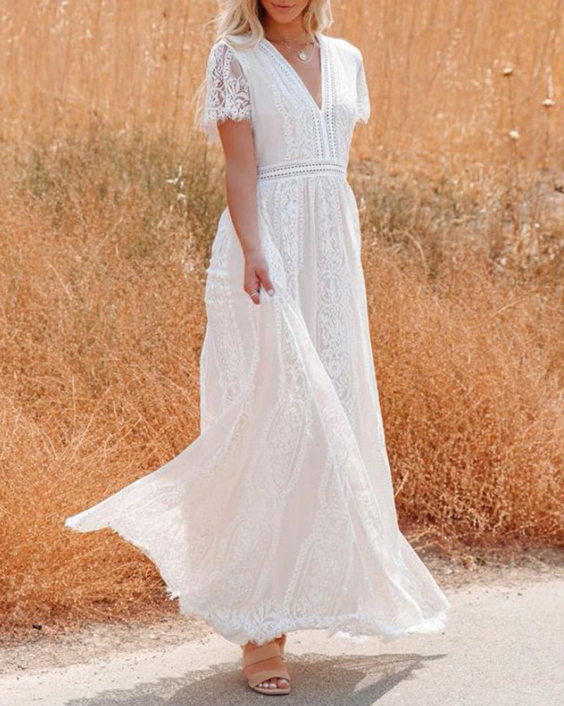 V-Neck Half Sleeves Lace Bohemian Floor Length Dress