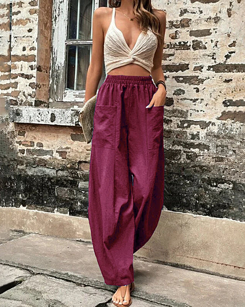 Solid Color Bottoms Elastic Waisted Pant Summer Baggy Trousers Straight Leg Pants