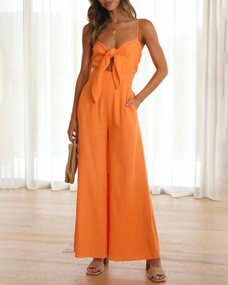 Ruffle Straps Crisscross Back Knot Front Slip Jumpsuit