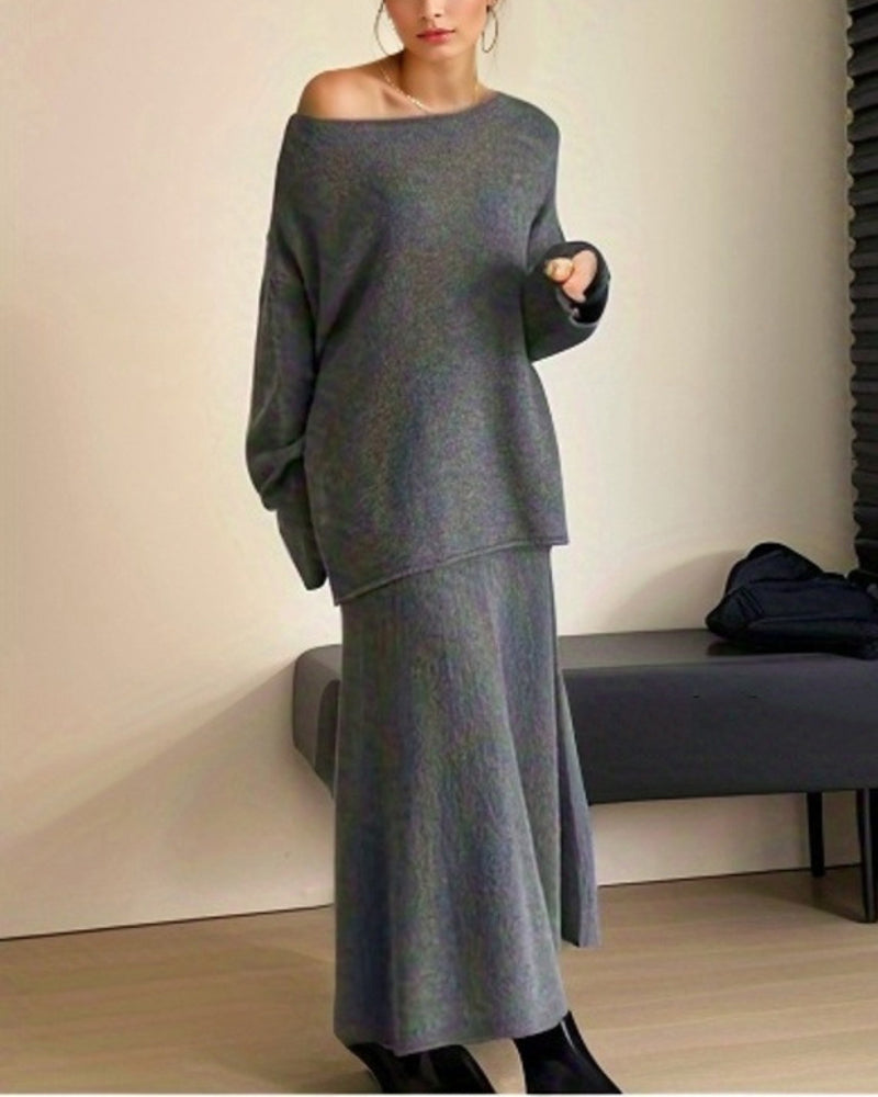 Elegant Knitted Two Pieces Sets One-shoulder Sweater Top Elastic Waist Fishtail Skirt