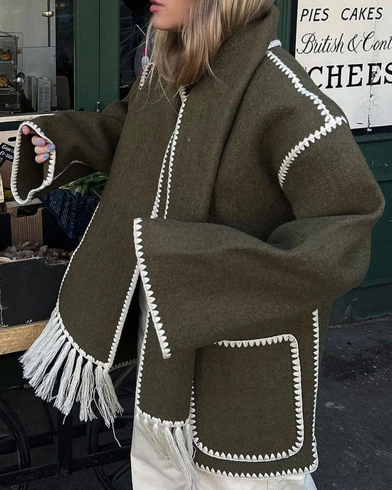 Women's Thickened Loose Woolen Coat with Fringed Scarf