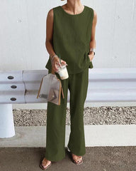 Casual Loose Sleeveless Slit Solid Color Vest Trousers Pants Set