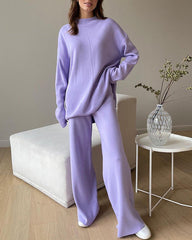 Solid Color Knitted Pullover Turtleneck Sweater Set Loose Top + Pants