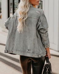 Loose Rivet Beading Ripped Cropped Denim Jacket