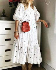 Dot Printed Women Dress Elegant Loose Lantern Half Sleeve Midi Dresses