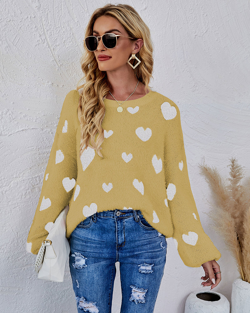 Love Pattern Round Neck Knit Sweater