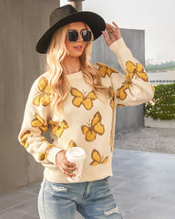 Butterfly Print Crew Neck Oversized Knit Sweater