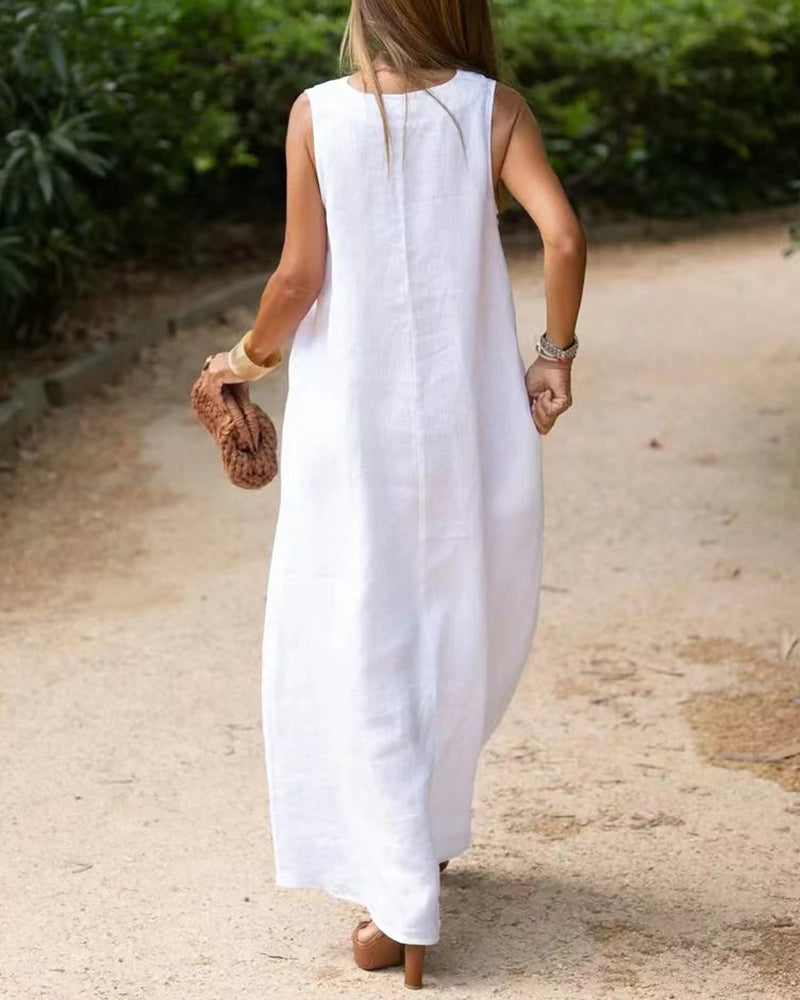 V Neck Pocket Loose Long Boho Dress Summer Sleeveless Tank Beach Dress