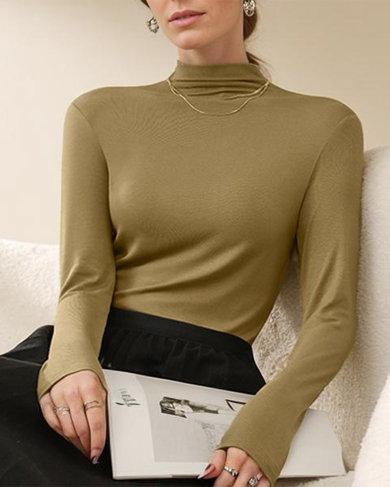 Half High Neck Long Sleeve Thread Slim-fit T-shirt