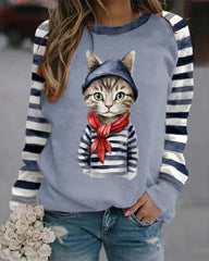 Women's Clothes Cat Print Striped Long Sleeve Sweatshirt