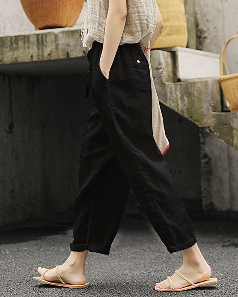 Loose Plain Drawstring High Waist Straight Wide Leg Pants with Pocket