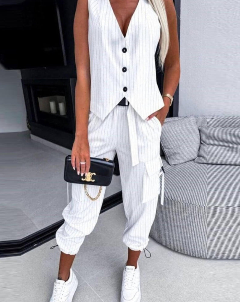 Chic Two-piece Set Striped Asymmetrical Vest Top & Cuffed Pants Set