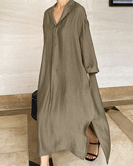 Casual Loose Long Sleeve Solid Color V-Neck Summer Maxi Shirt Dress