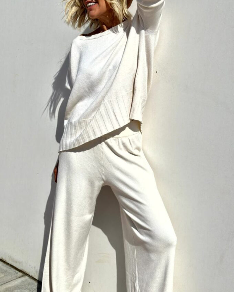 Elegant Two-piece Set Round Neck Sweater and Wide Leg Pant Outfits