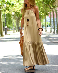 Sleeveless Sundresses Solid Color Halter Neck Straps Maxi Dress