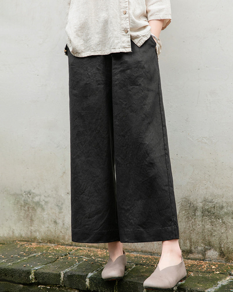 Tether Linen Casual Cropped Pants Women's Cotton Linen Wide Leg Pants