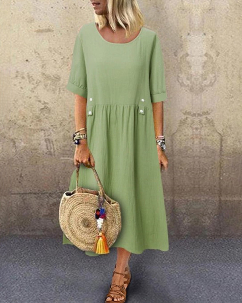 Casual Loose Round Neck Cotton Linen Long Dresses with Pockets