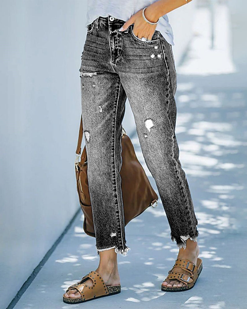 High Waisted Straight Leg Ripped Boyfriend Jeans Frayed Ankle Denim Pants