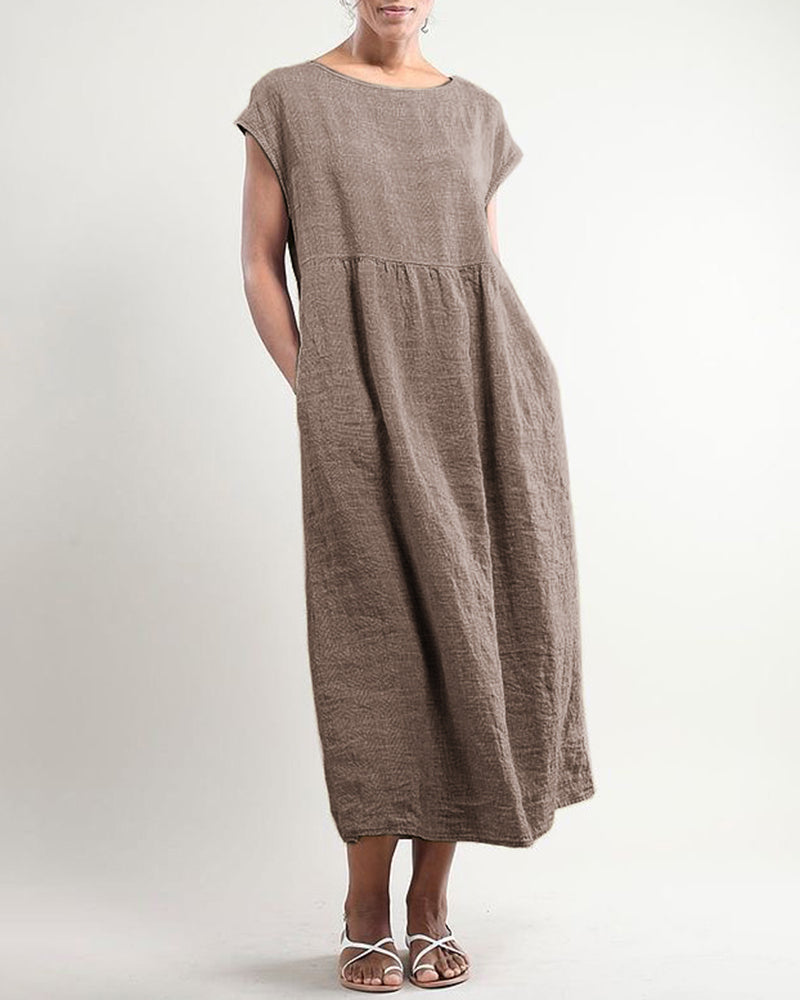 Casual Solid Linen Crew Neck Maxi Smock Dress Loose Baggy Ruffle Long Dresses with Pockets