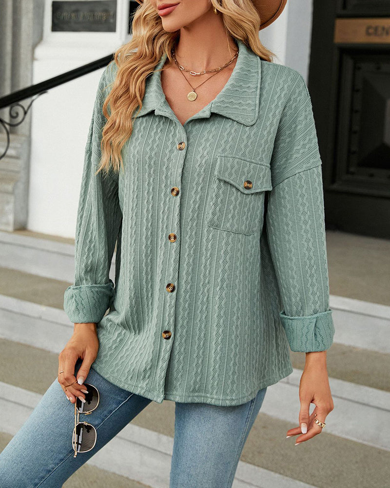 Solid Color Turn-Down Collar Twisted Knit Long Sleeve Loose Jacket