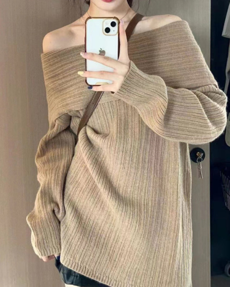 Off-Shoulder Plain Ribbed Sweater