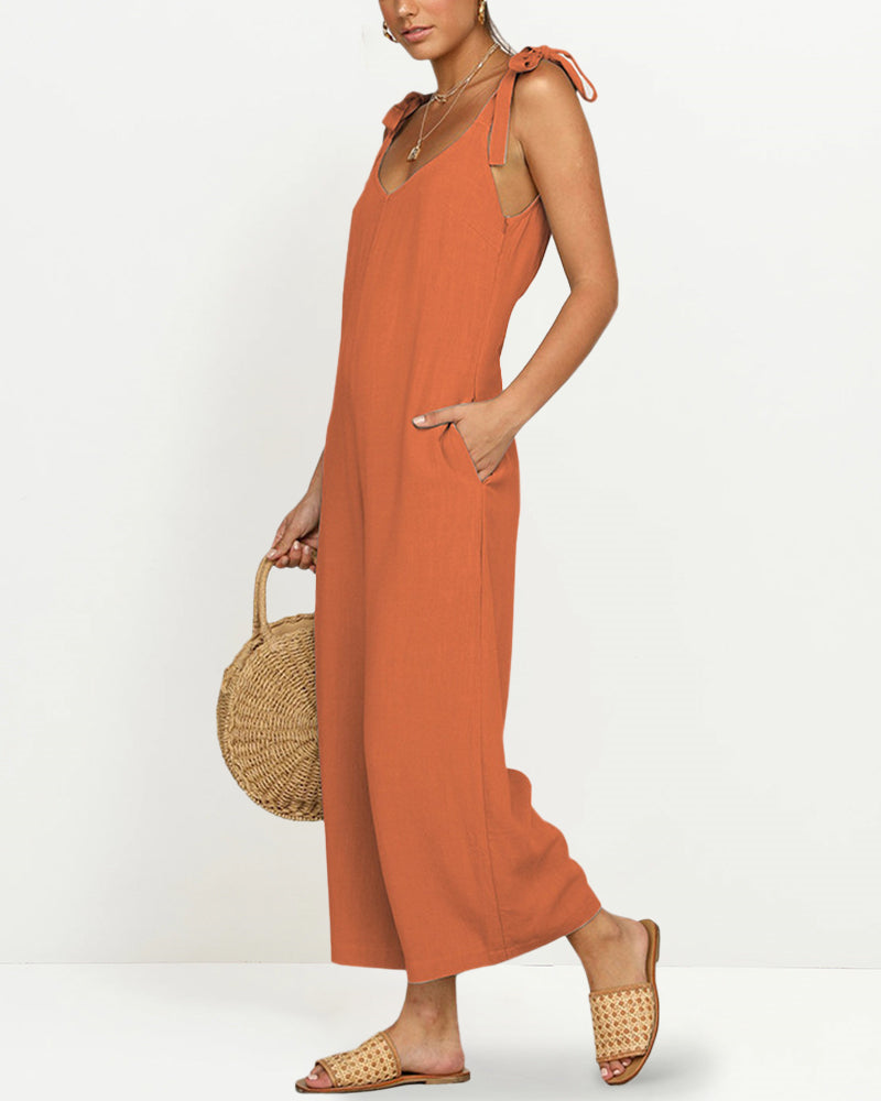 Sleeveless Tie Strap Backless Wide Leg Casual Loose Jumpsuit Rompers