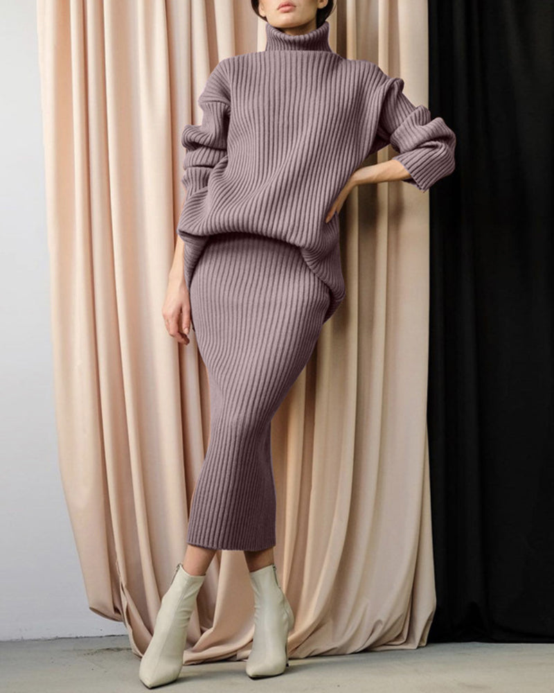 Casual Two Pieces Sets Turtleneck Sweater and Midi Skirt Suits