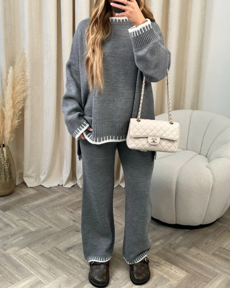 Casual Two-Pieces Outfits Contrast Trim Knitted Jumper and Trousers Sets