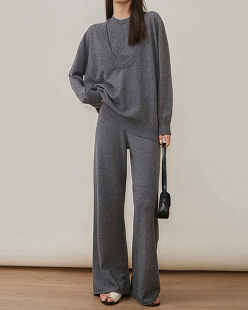 Casual Knit Long Sleeve Shirt Knit Vest Pants Three Piece Set