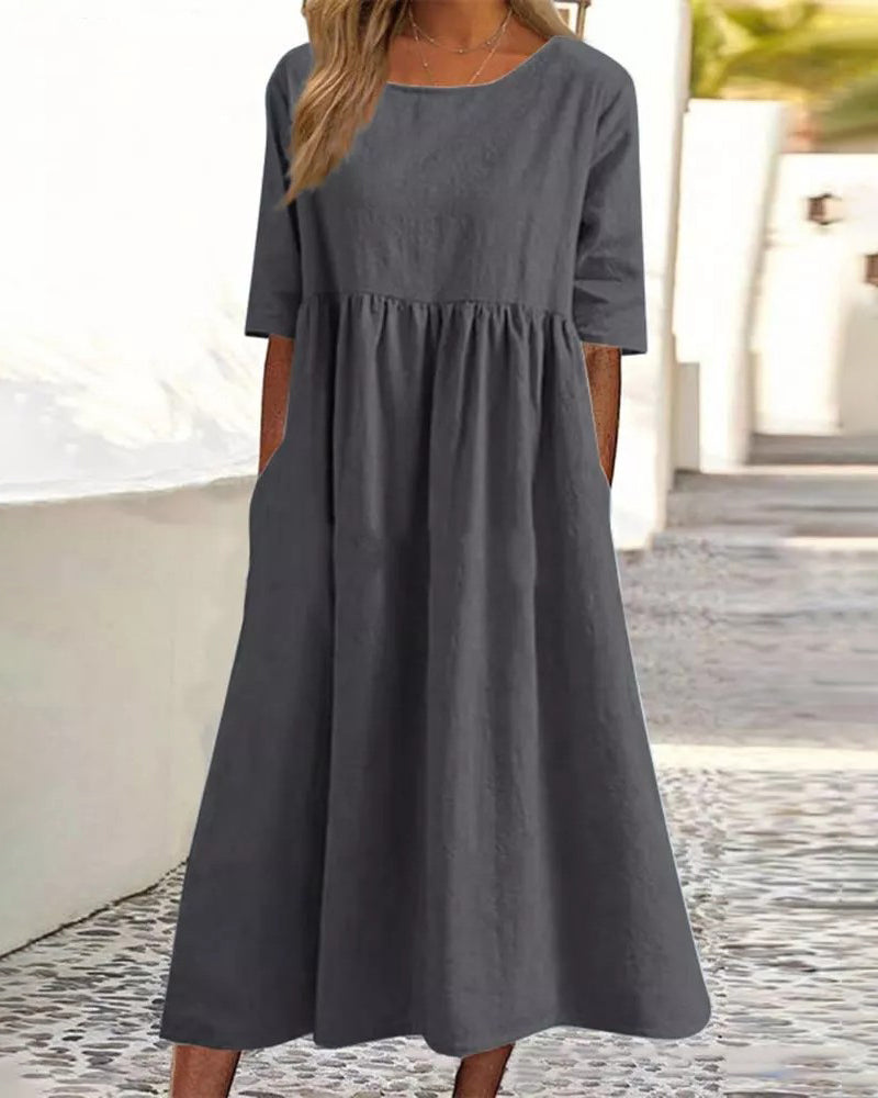 Beach Short Sleeve Scoop Neck Ruffle Swing Casual Boho Midi Dress with Pockets