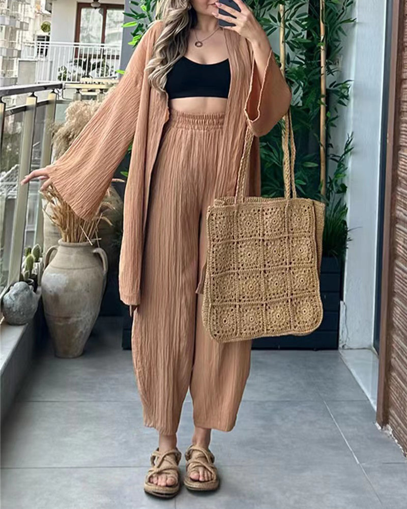 Casual Comfort Set Loose Cardigan Top & High-Waist Wide-Leg Pants with Pockets