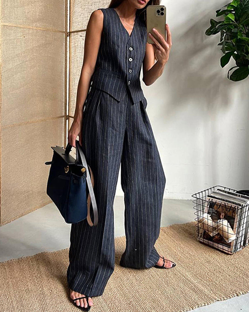 Striped Casual Two-piece Set V-neck Vest Trousers Pants Suit