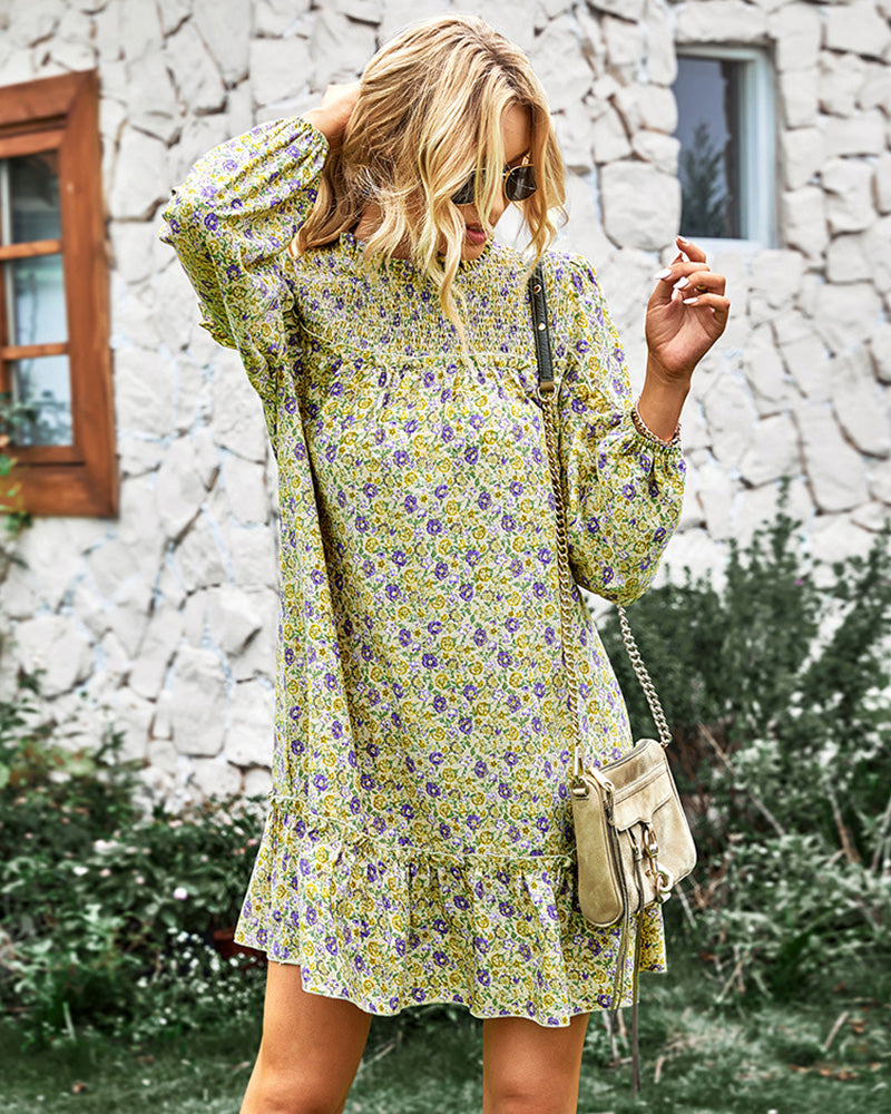 Long Sleeve Dress Boho Floral Ruffle High Neck Mini Dress Casual Loose Pleated Flowy Dresses