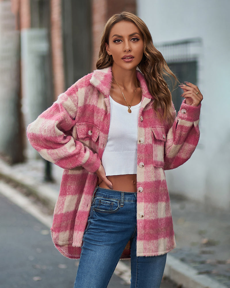 Plaid Fuzzy Longline Jacket with Pockets