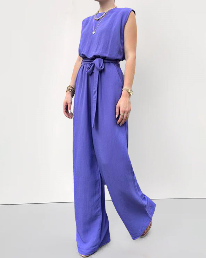 Solid Color Loose Belted Tie Wide Leg Jumpsuit