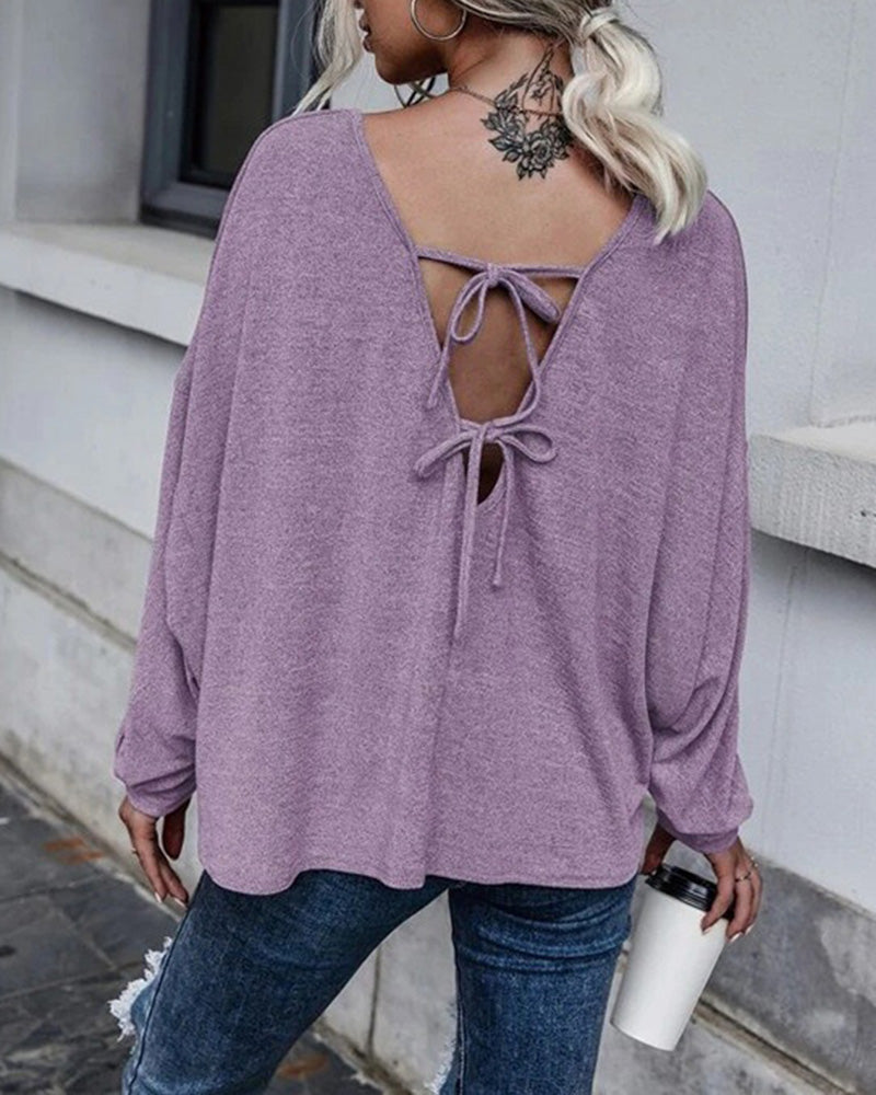 Tie Plunging Back Dolman Sleeve Oversize Top