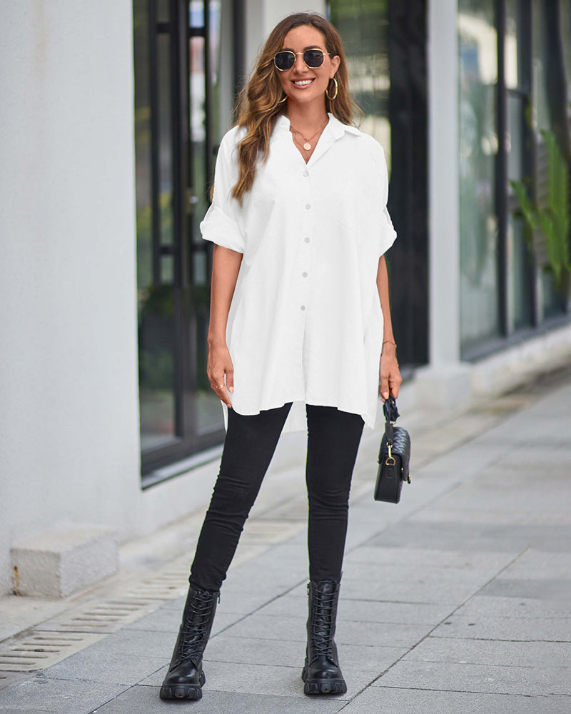 Long Cuffed Sleeve Shirts Button Down V Neck Blouse Loose Fitting Tops