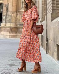 Breathable Lantern Sleeve Floral Print Long Dress Loose V-Neck Fashion Summer Beach Dress