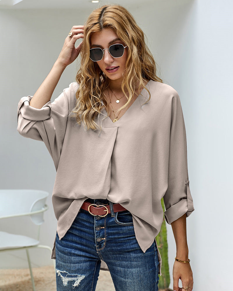 V-Neck Long Sleeve Buckle T-Shirt Plain Shirts Shirt Top Elegant Shirts Casual Slim Fit Basic