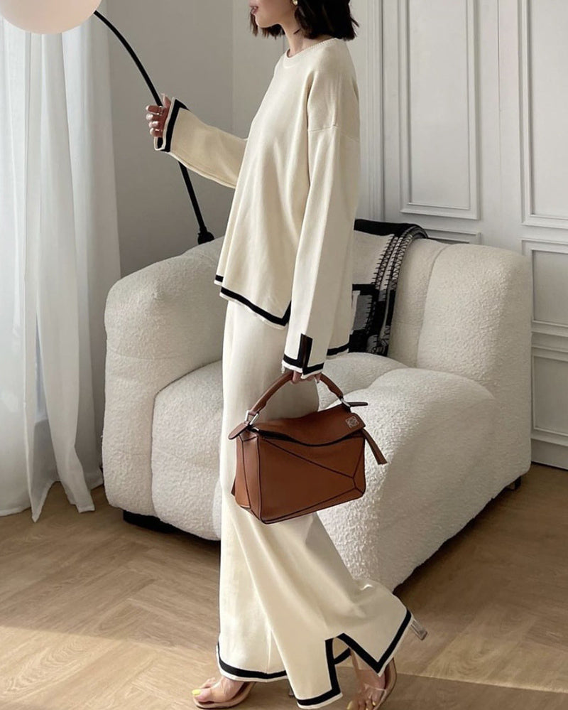 Contrast Color Two-piece Suit Casual Slit Long-sleeved Sweater High-waisted Wide-leg Trousers Pants