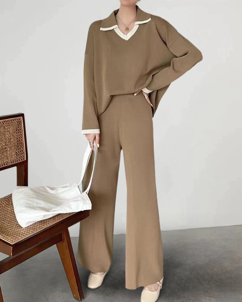 Loose Knitted Two-piece Set Sweaters Pullovers Jumpers + Wide Leg Pants