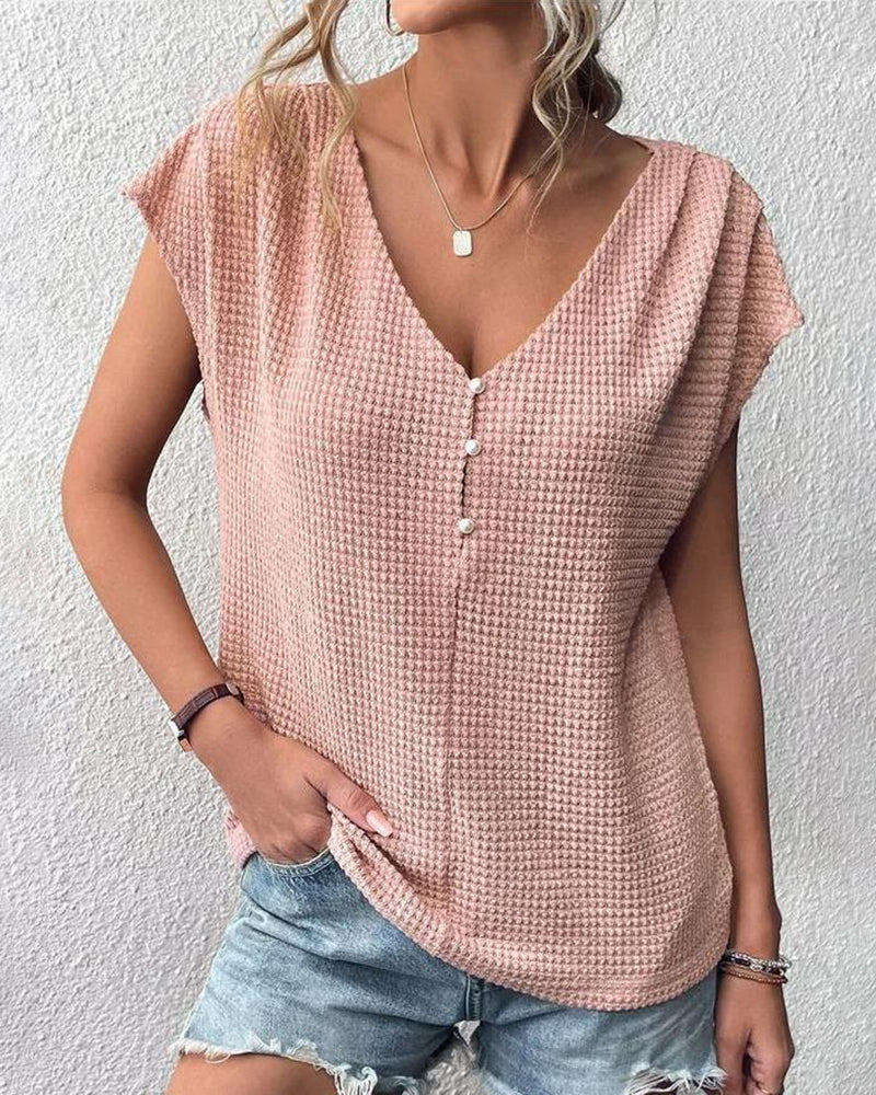 Short Sleeve V Neck Ribbed Knitwear Leisure Loose Fit Work Crochet Top with Pearls