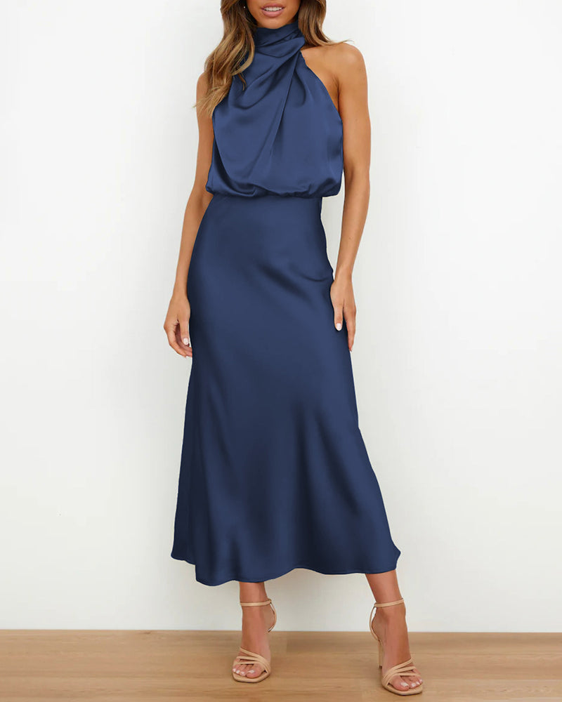 Long Formal Satin Dress Mock Neck High Neck Evening Dress