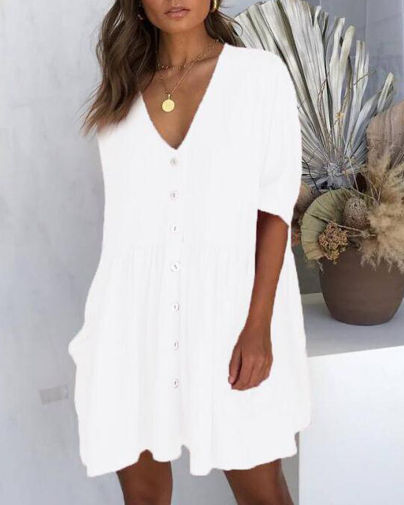 Half Sleeve Summer Shirt Dress V Neck Button Down Casual Loose Flowy Swing Mini Dress with Pockets