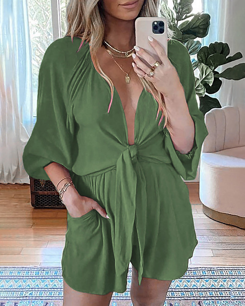 Long Sleeve Front Ties V Neck Shorts Jumpsuit