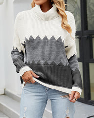 Color Block Rib-Knit Turtleneck Dropped Shoulder Sweater