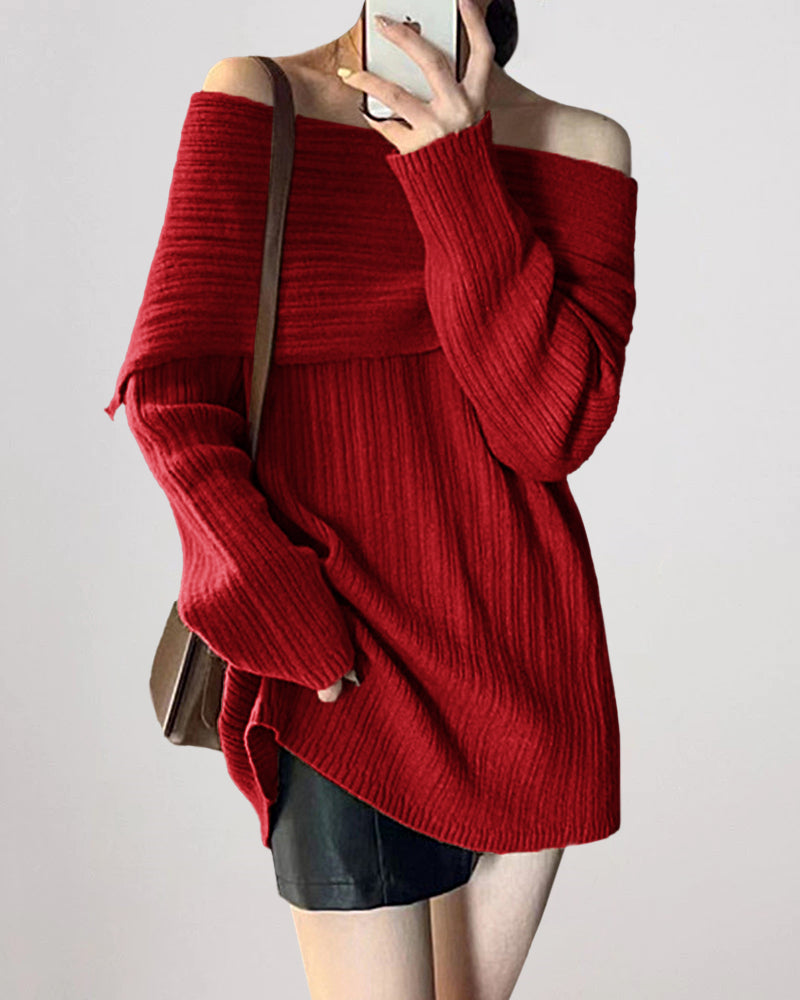 Off-Shoulder Plain Ribbed Sweater