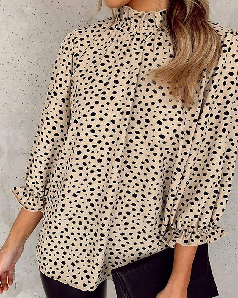 Leopard Printed Long Sleeve Ruffle Hem Babydoll Blouse Shirt Tunic Top