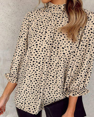 Leopard Printed Long Sleeve Ruffle Hem Babydoll Blouse Shirt Tunic Top